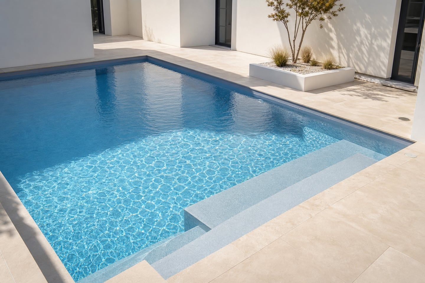 Piscine contemporaine montrant un rendu d’eau bleu lumineux avec une finition de liner claire