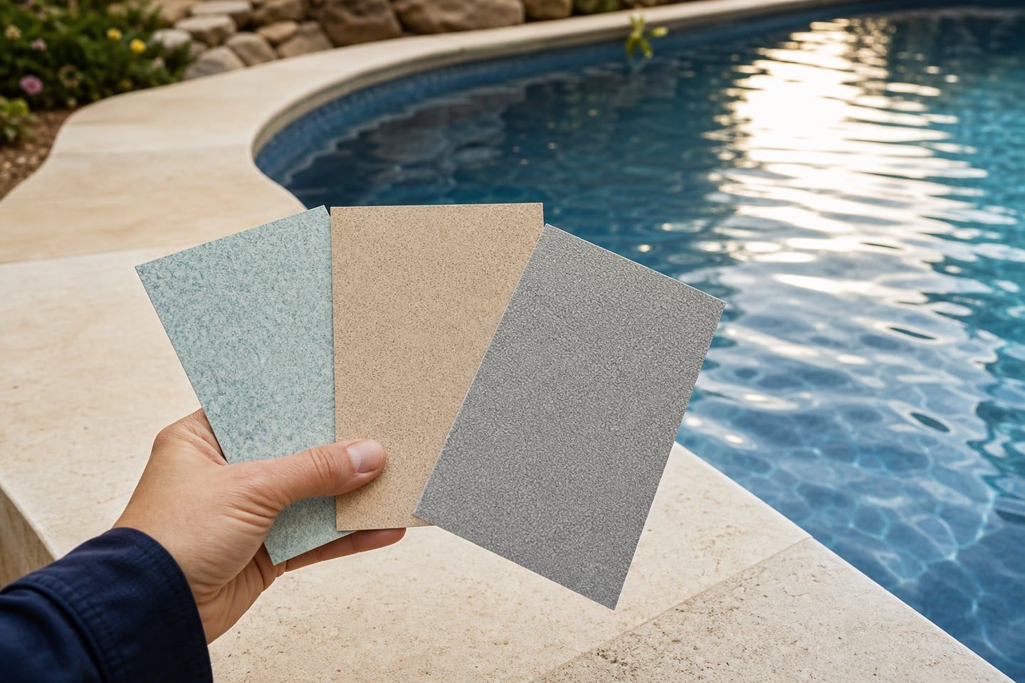 Échantillons de liner bleu, gris et sable comparés près de l’eau d’une piscine