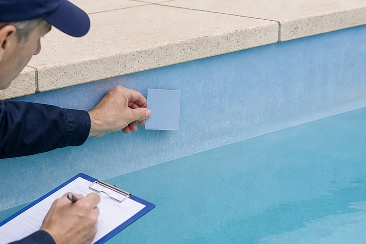 Professionnel comparant la teinte et l’état d’un ancien liner de piscine près de la ligne d’eau