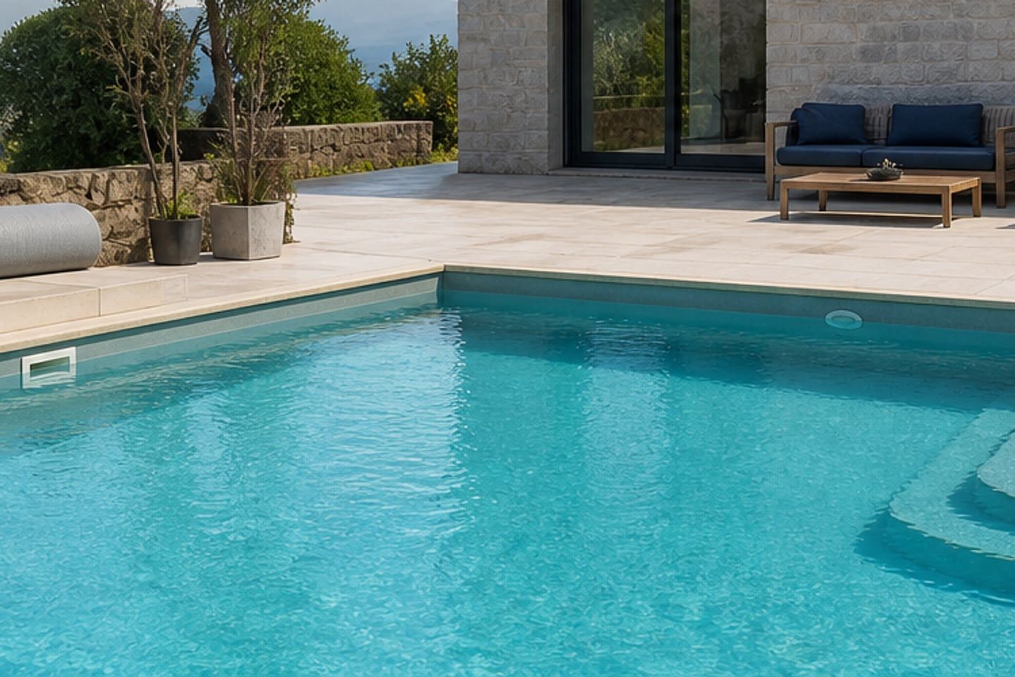 Piscine contemporaine remplie après le renouvellement de son revêtement liner bleu turquoise