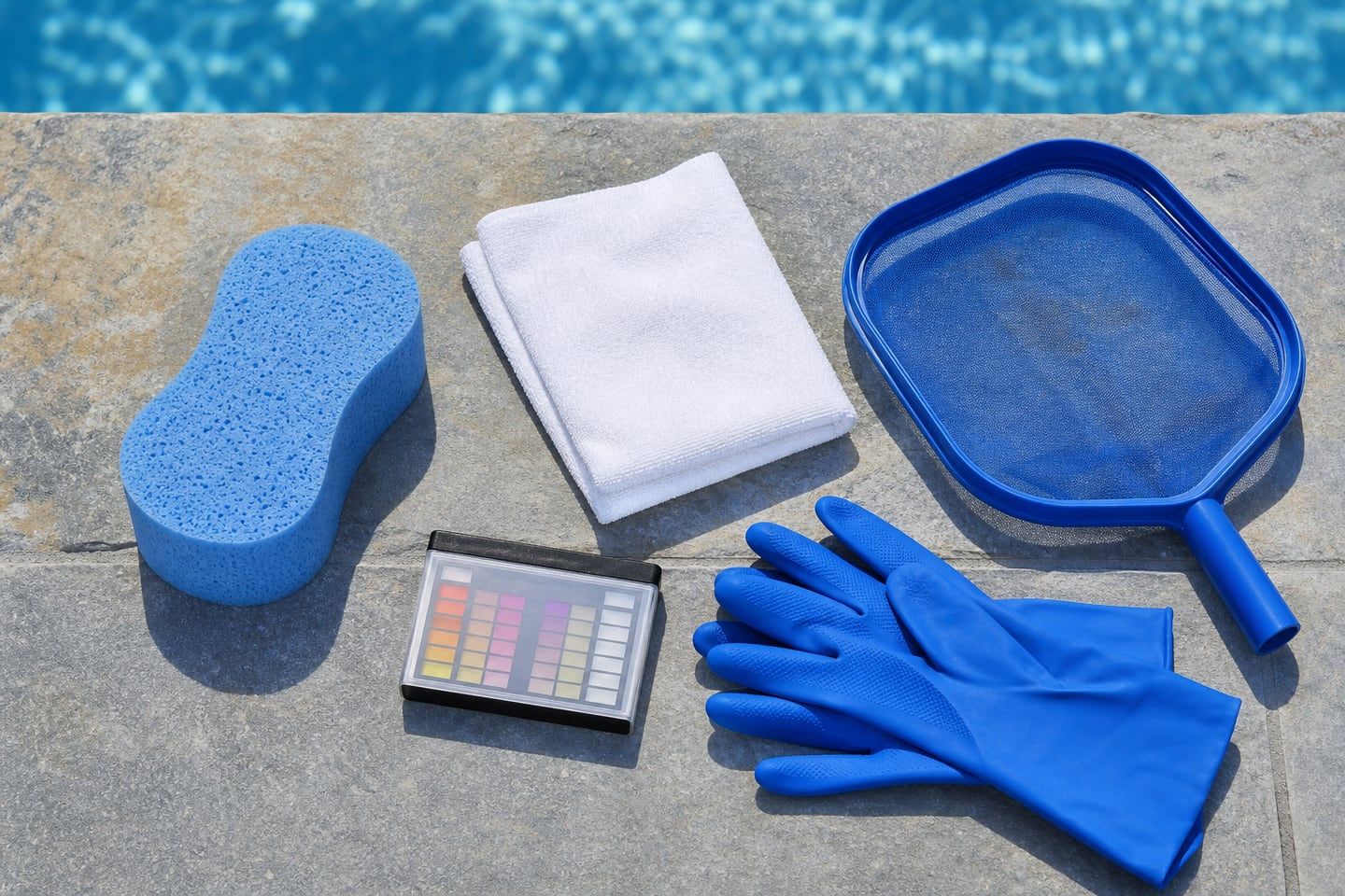 Matériel simple pour entretenir un liner avec éponge douce, chiffon, testeur et épuisette