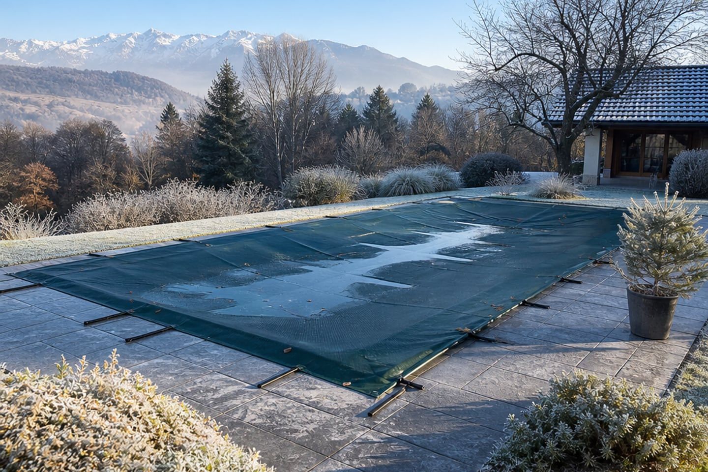 Piscine résidentielle protégée par une couverture d’hiver dans un paysage légèrement givré