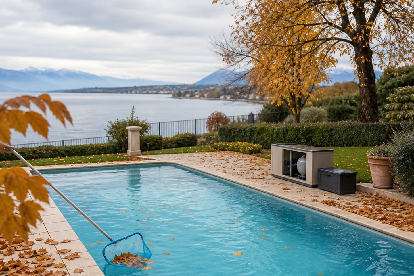 Piscine avec liner nettoyée à l’épuisette pendant la préparation de l’hivernage en automne