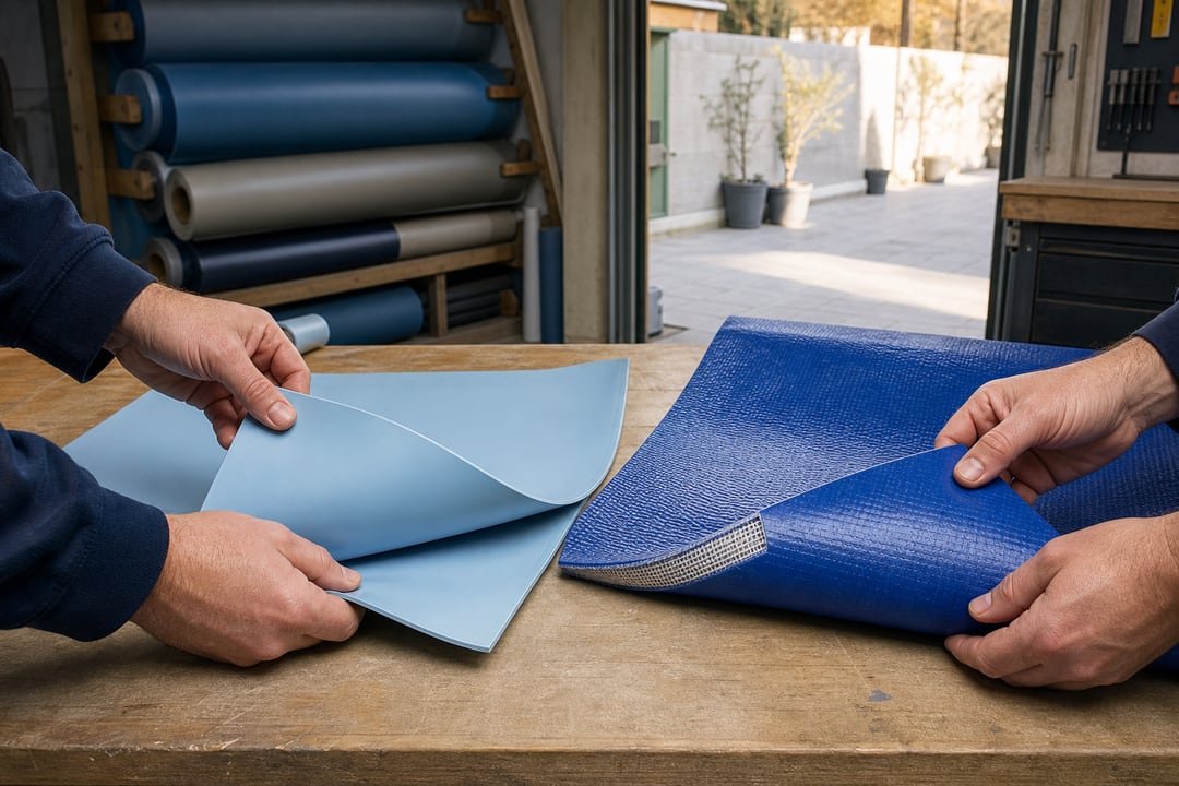 Comparaison en atelier d’un liner souple et d’une membrane en PVC armé texturée