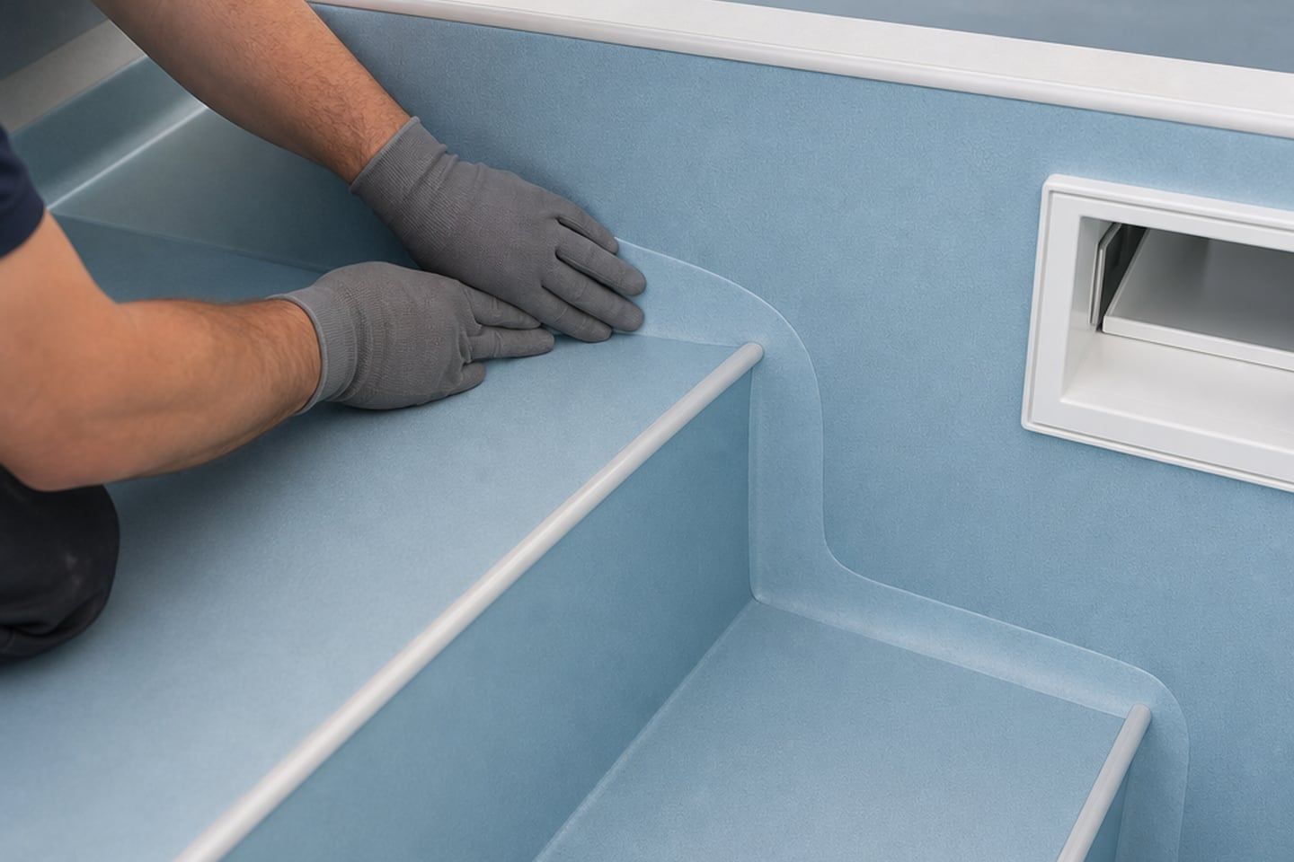Finition précise d’une membrane PVC armé autour des marches et du skimmer d’une piscine