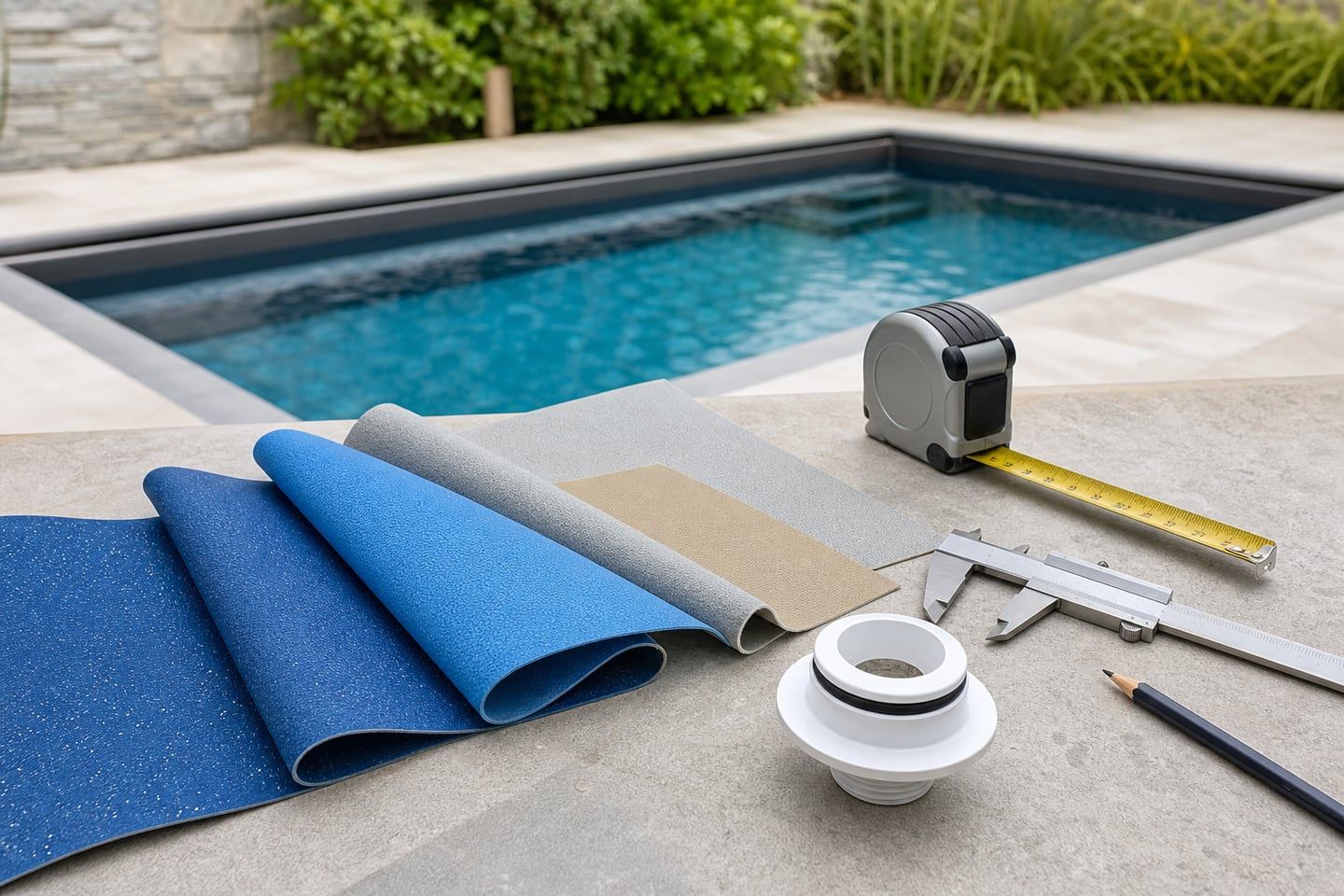Échantillons de membranes, pièce à sceller et outils de mesure examinés pour une rénovation de piscine