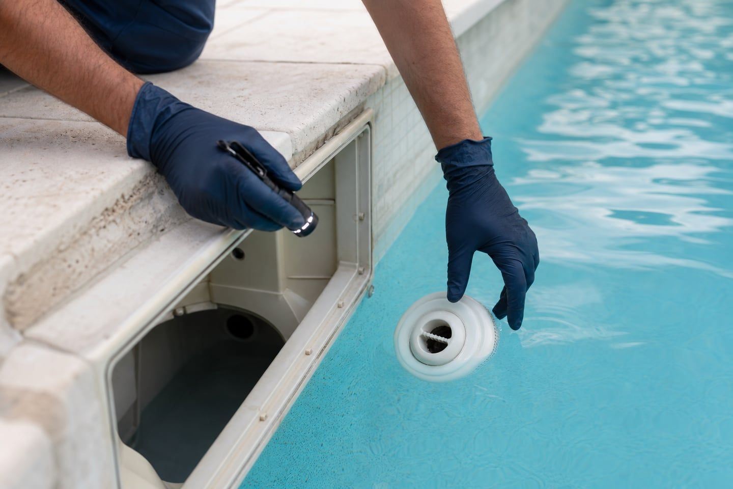 Inspection du skimmer et d’une pièce à sceller pendant un diagnostic de fuite de piscine