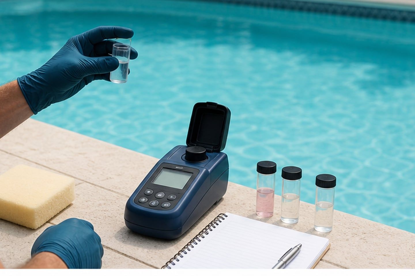 Analyse d’un échantillon d’eau de piscine avec un photomètre près d’un bassin équipé d’un liner