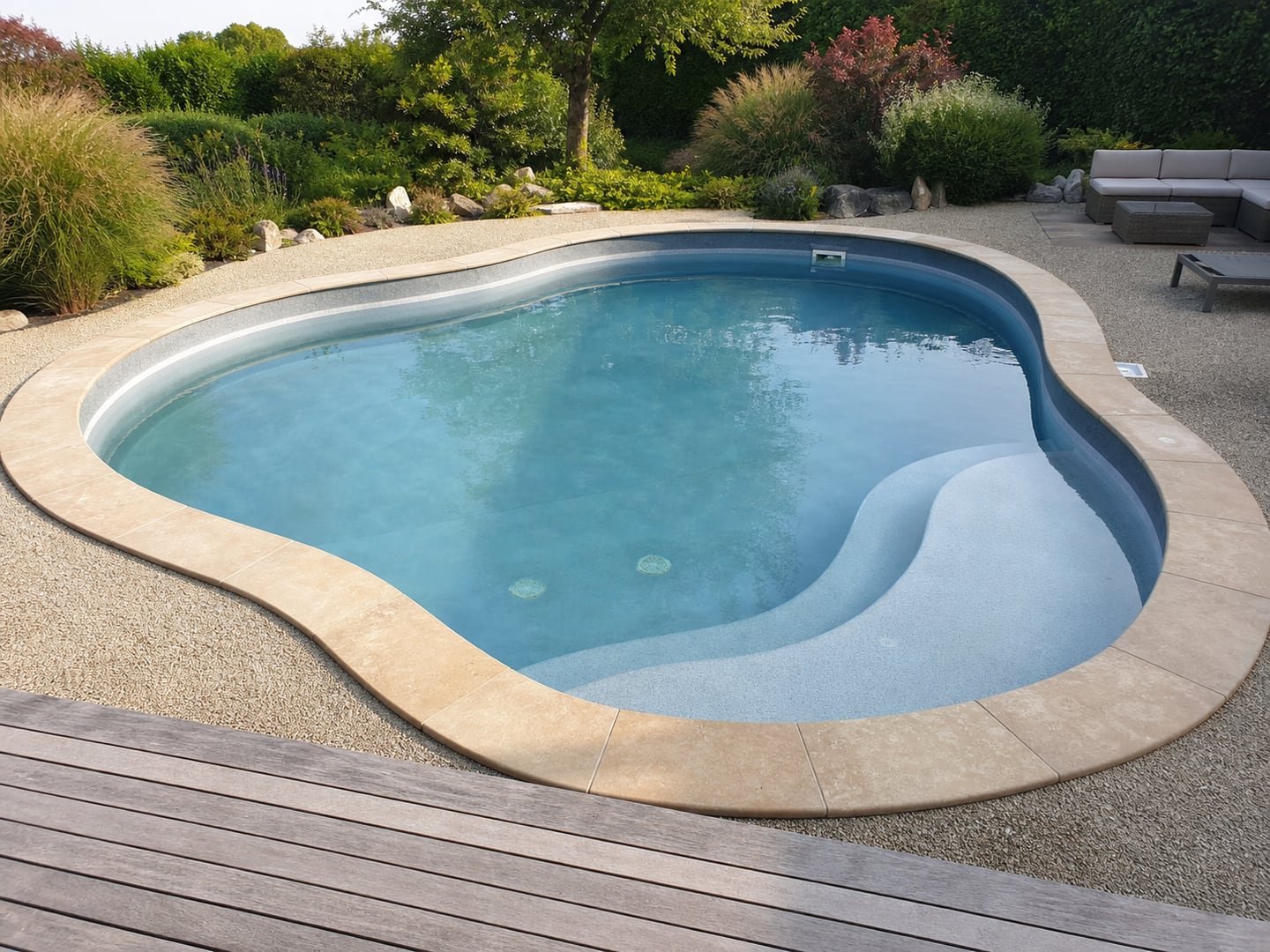 Visualisation d’une piscine de forme libre avec des raccords anciens visibles sur le revêtement