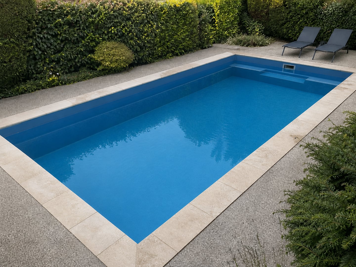 Visualisation du même bassin rénové avec une membrane bleu clair uniforme