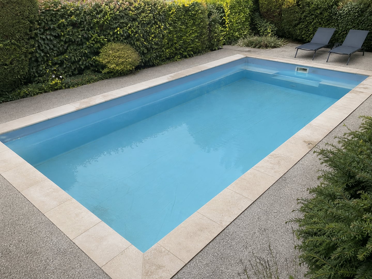 Visualisation d’une piscine rectangulaire dont le liner bleu est décoloré et plissé au fond